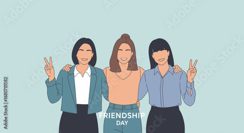 Minimalist Line Art Three Girlfriends Embracing Friendship Day Celebration Illustration