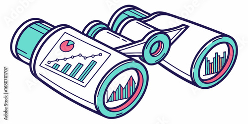 Binoculars displaying charts and graphs for data analysis and market research viewing tool concept