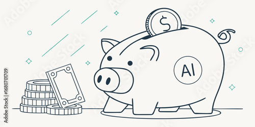 Illustration of a piggy bank with ai on it and money around it with green lines and shapes around it