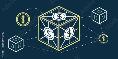Isometric illustration of a money cube connected to coins and smaller cubes on dark background