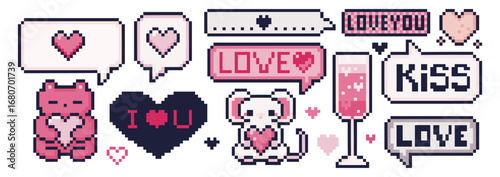 Pixel valentine retro set with chat bubbles, pink hearts and love text messages for game interface or digital cards. 8 bit romantic elements and cute teddy toys, speech balloons with affection symbols