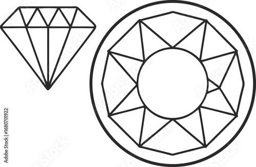 A diamond and a round gem are depicted in a simple black and white line drawing style, minimalist and elegant