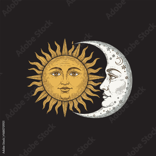 Illustration of a sun with a human-like face facing a crescent moon with a human-like face, set against a dark background.