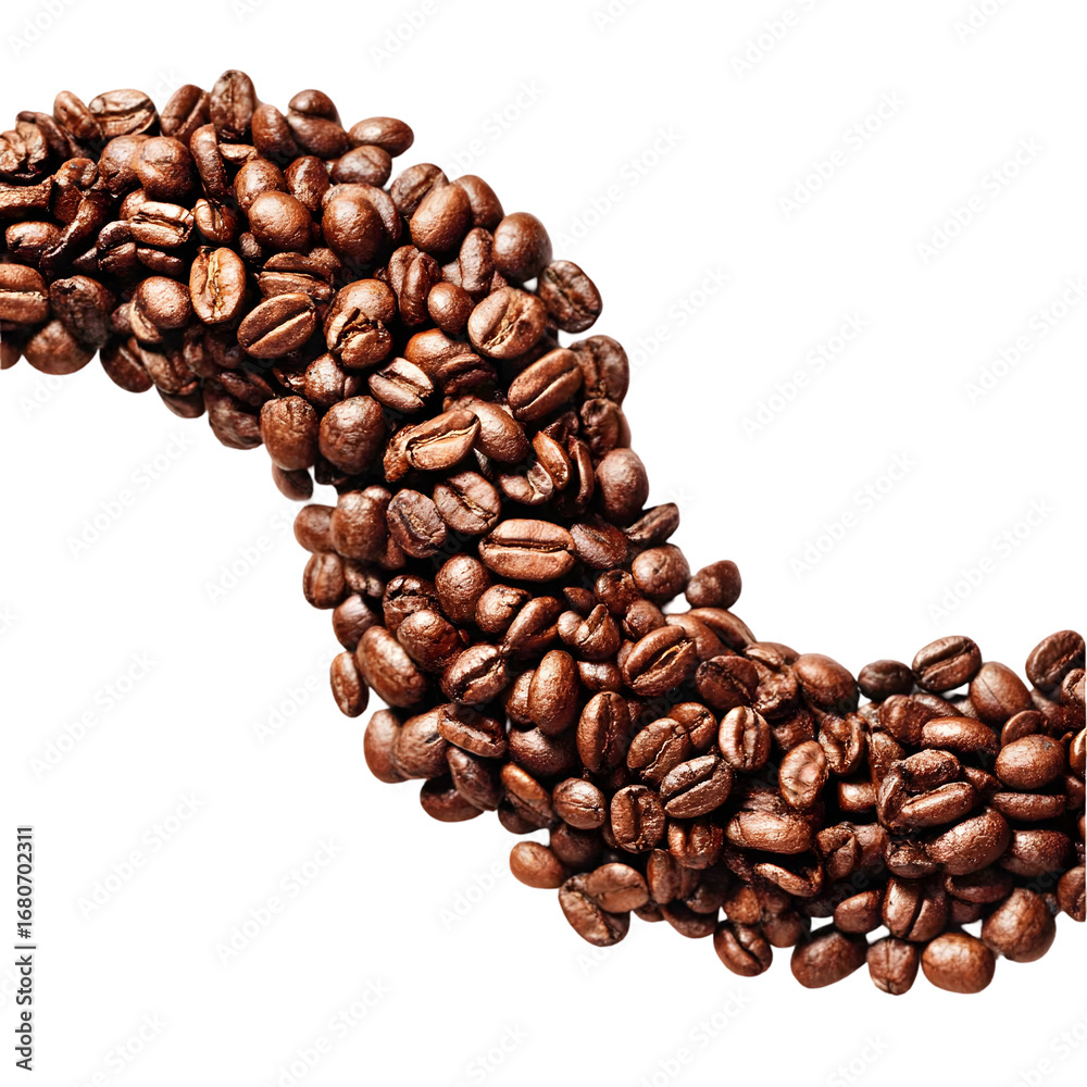 Obraz premium A dynamic wave of roasted coffee beans isolated on a clean transparent background, showcasing the rich texture and aroma of freshly brewed coffee
