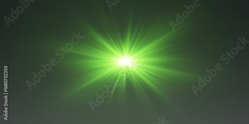 Bright green lens flare with luminous rays and optical flares.