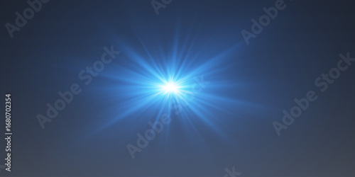 Bright blue lens flare with luminous rays and optical flares.