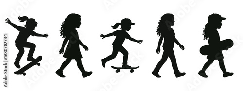 Girl Skateboarding Silhouette Vector Set | Female Skater Poses | Youth Sport Illustration