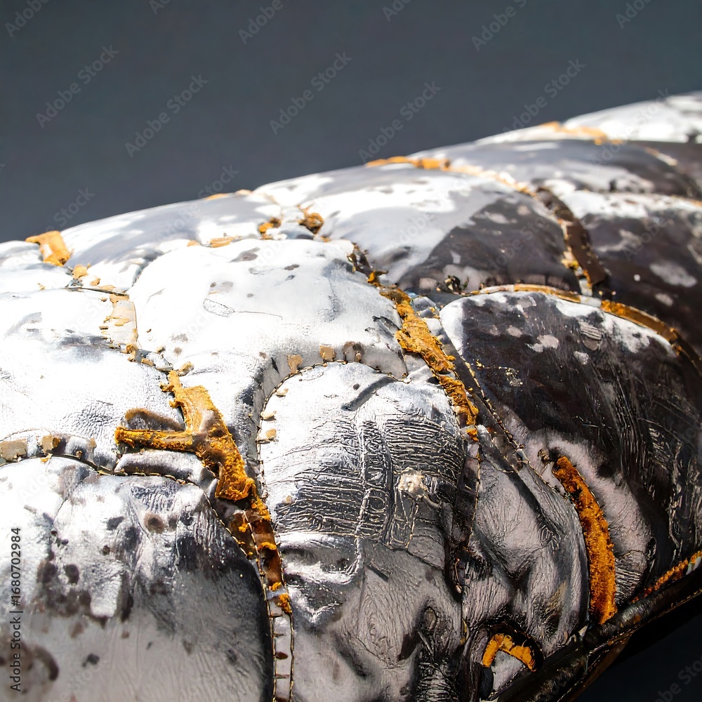 Obraz premium Close-up view of a textured, quilted surface with silvery-gray and dark-gray panels, accented by orange stitching, creating a visually compelling design.