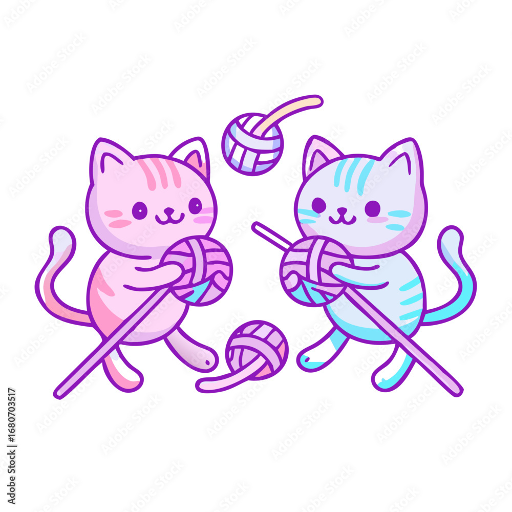 Fototapeta premium Two cute kittens playing with yarn illustration