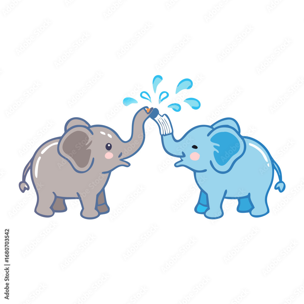 Obraz premium Two cute elephants spraying water from their trunks