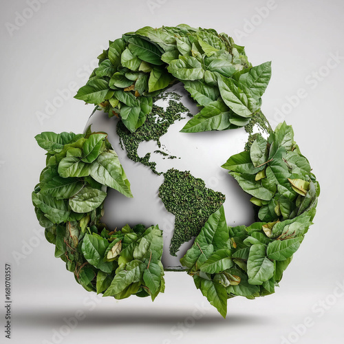 Eco-Friendly Earth with Green Leaves in Recycling Symbol.