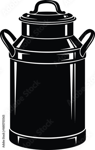 Vintage milk can silhouette, old-fashioned dairy container, rustic farm equipment, traditional milk storage, classic farm tool vector illustration.