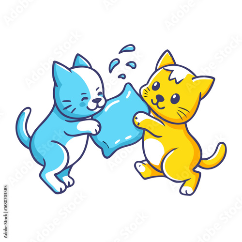 Two cute cartoon cats having a pillow fight