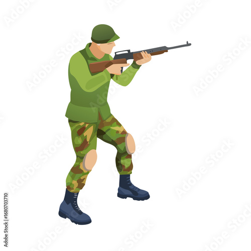 Illustration of a soldier aiming a rifle in combat