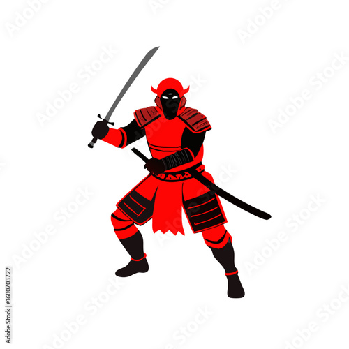 Red samurai warrior with armor and swords