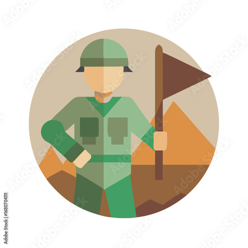 Illustration of a soldier holding a flag in the desert with pyramids