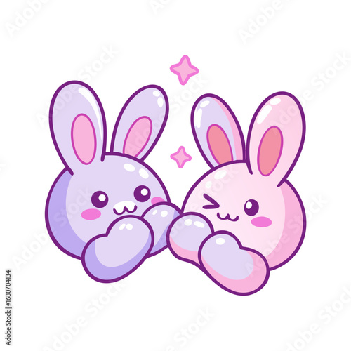 Two adorable bunnies are giving each other a high five