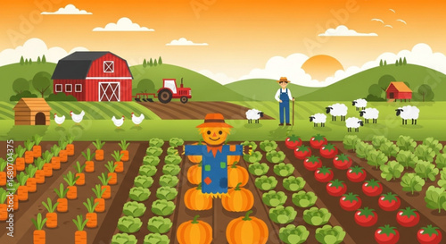 Cartoon farm landscape with farmer, animals, vegetables, and red barn, showcasing rural agriculture and countryside scenery