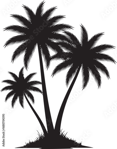 Silhouette of three lush palm trees with detailed fronds on a white backdrop capturing a tropical vibe