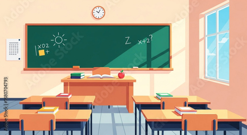 Empty classroom with desks, blackboard, and teachers table school interior with furniture and educational equipment