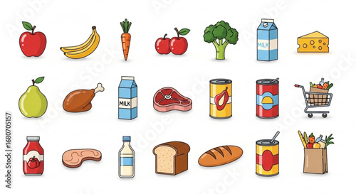 Assortment of grocery items, including fruits, vegetables, dairy, meat, and canned goods for shopping