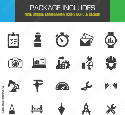 Engineering icons bundle depicting the essential tools and concepts of industry and innovation