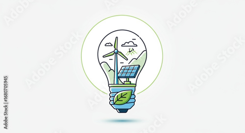Illustration of a light bulb containing a wind turbine, solar panel, and leaf, representing renewable energy sources