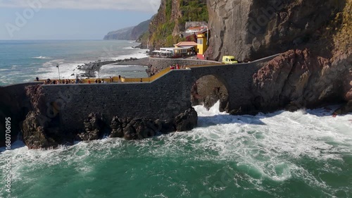 Aerial Drone Shot Flying Over Pier And Bridge In Ponta Do Sol, Madeira, Portugal.