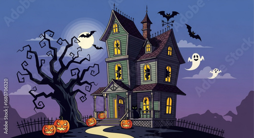 Spooky haunted house illustration with bats, ghosts, pumpkins, and a creepy tree under a full moon for halloween