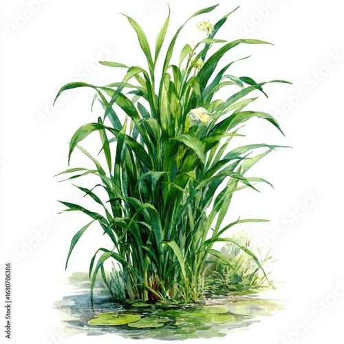 Lush green grass plant with pale flowers