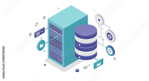 Modern isometric data center with servers and cloud technology elements