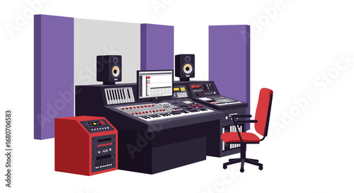 Modern audio production studio with professional equipment and acoustic panels
