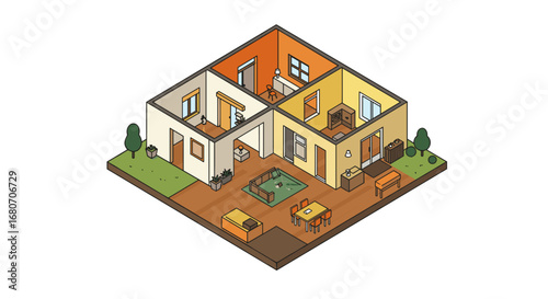 Isometric interior design of a cozy apartment with furnished rooms and garden