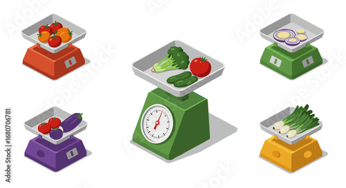 Colorful kitchen scales with fresh vegetables and fruits in isometric style