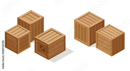 Wooden cargo crates isometric design for shipping and storage