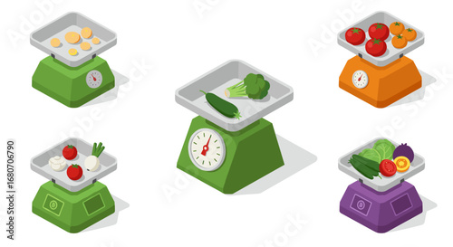 Colorful kitchen scales with fresh vegetables and fruits in isometric design