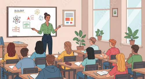 A teacher is explaining a science lesson to students in the classroom with the board and desks in the background