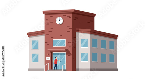 Modern flat design school building with brick facade and clock tower