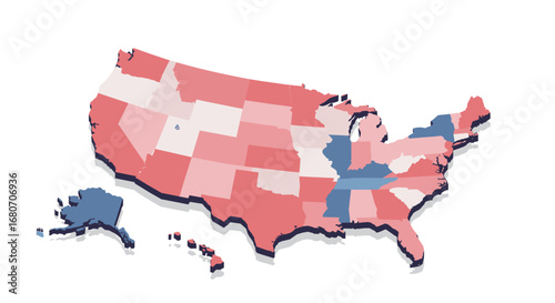Political map of the united states with state borders in red and blue 3d style