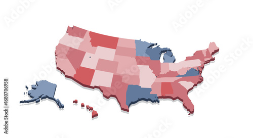 3d isometric map of united states highlighting regional variations in blue and red
