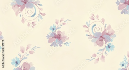 Watercolor floral pattern pastel flowers on cream background.