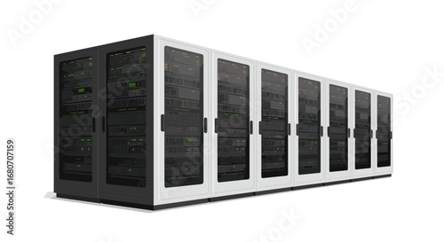 Modern data center servers in perspective with digital interface elements
