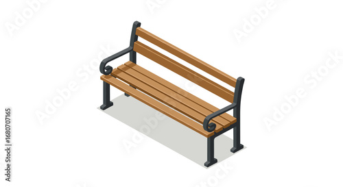Isometric wooden park bench with metal armrests on white background