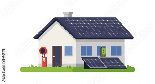 Eco-friendly house with solar panels and ev charger in flat design