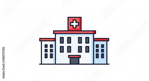 Illustration of a hospital building with a red cross on top