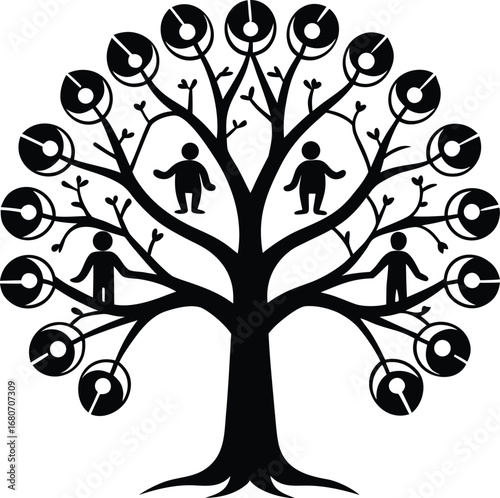 Stylized Family Tree Illustration Showing Ancestors and Descendants in Black and White on white background