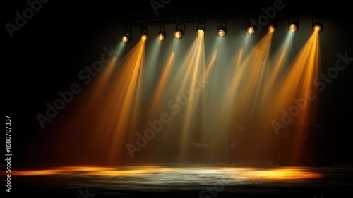 The image depicts a stage or performance setting, illuminated by a series of spotlights shining down from above