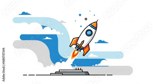 A cartoon rocket launching into the sky with clouds, representing a startup business and technological innovation