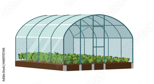 Modern greenhouse with lush vegetables in minimalist design