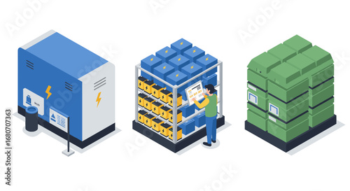 Isometric warehouse logistics: automation and storage solutions in 3d design